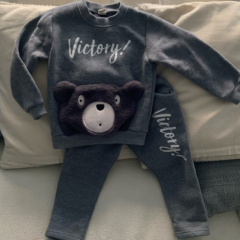 2T boy teddy bear fall winter sweatshirt & pants set bundle
